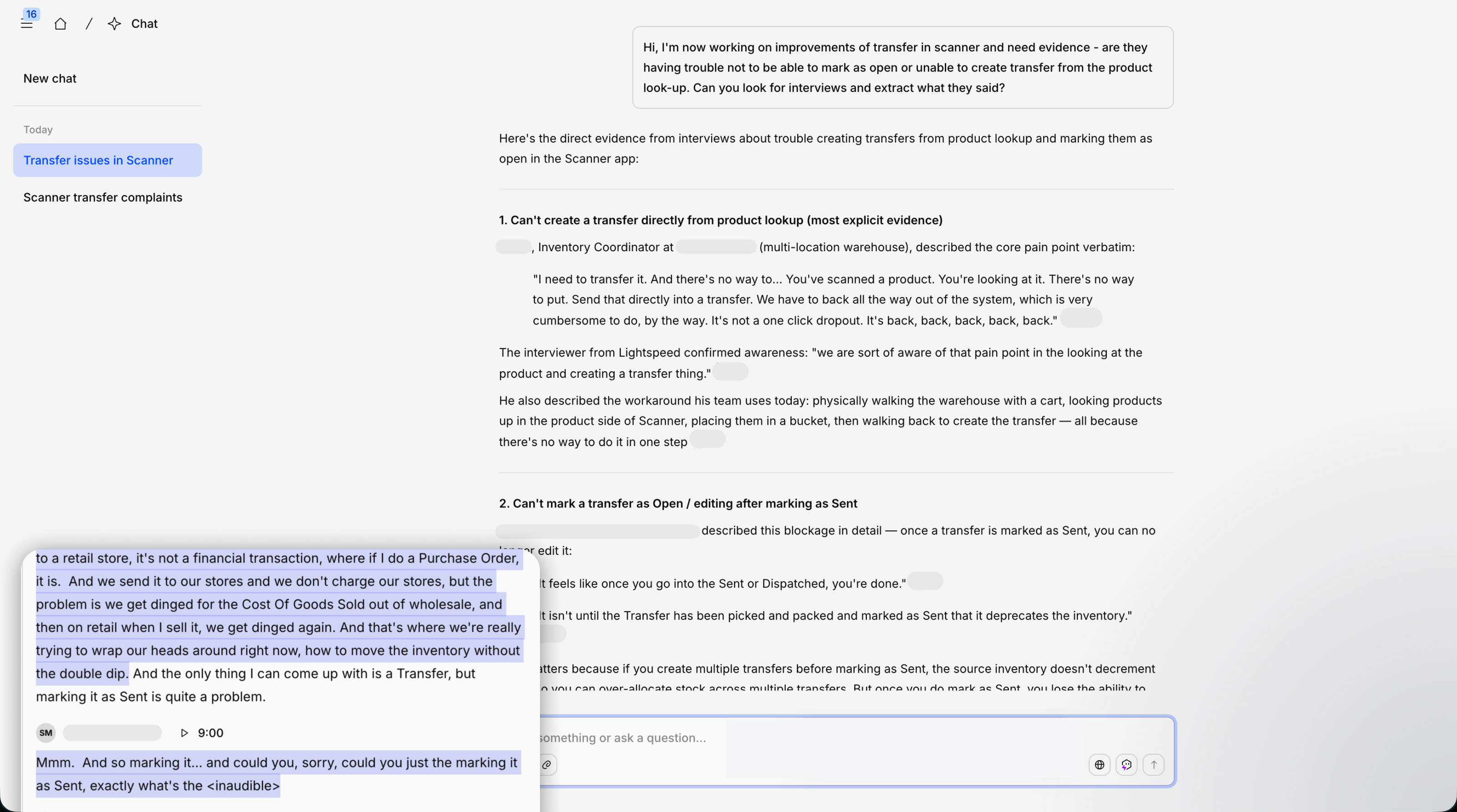 AI-assisted research search across customer interviews