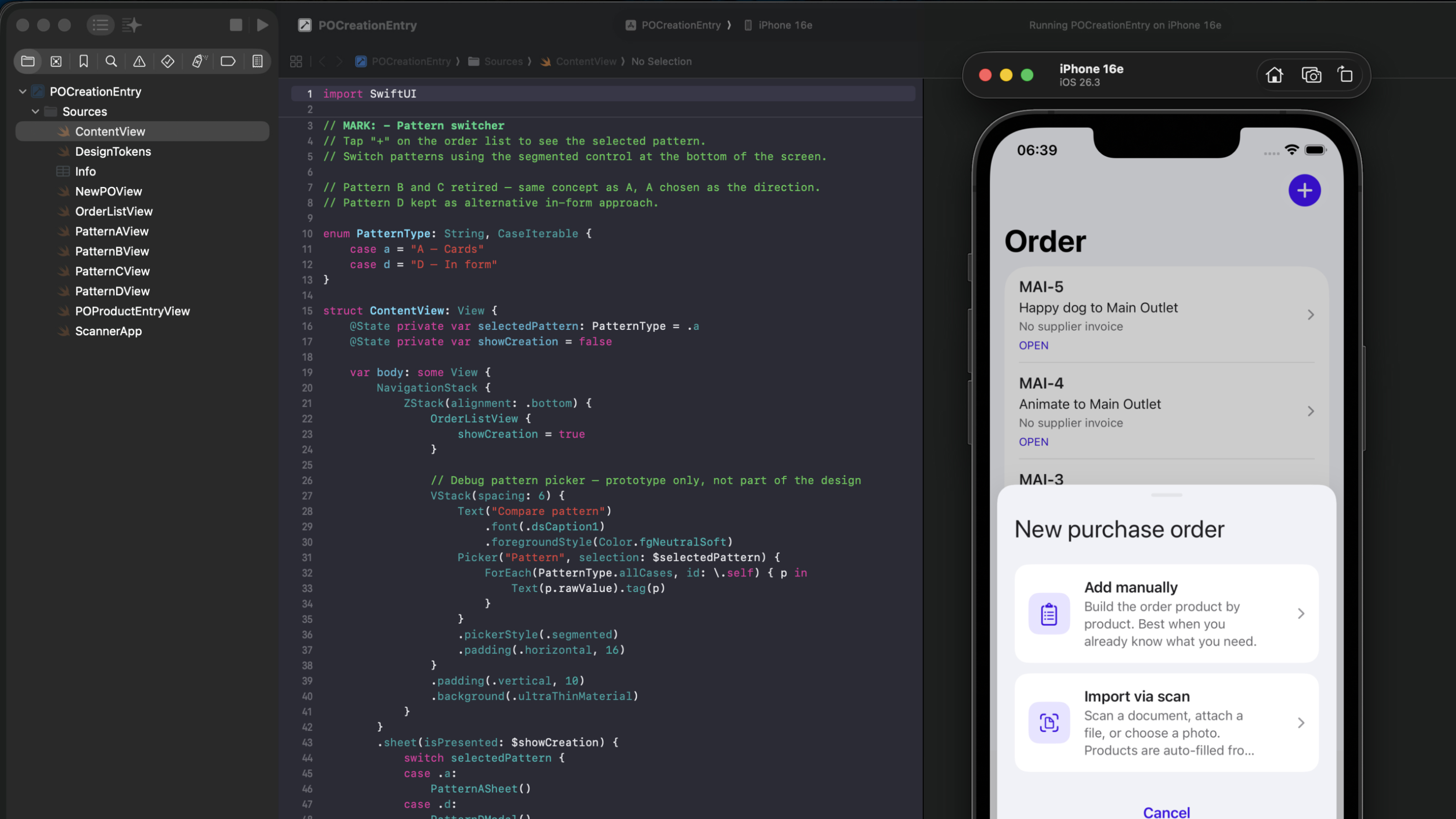 AI-assisted native mobile prototype built to explore the purchase order entry flow
