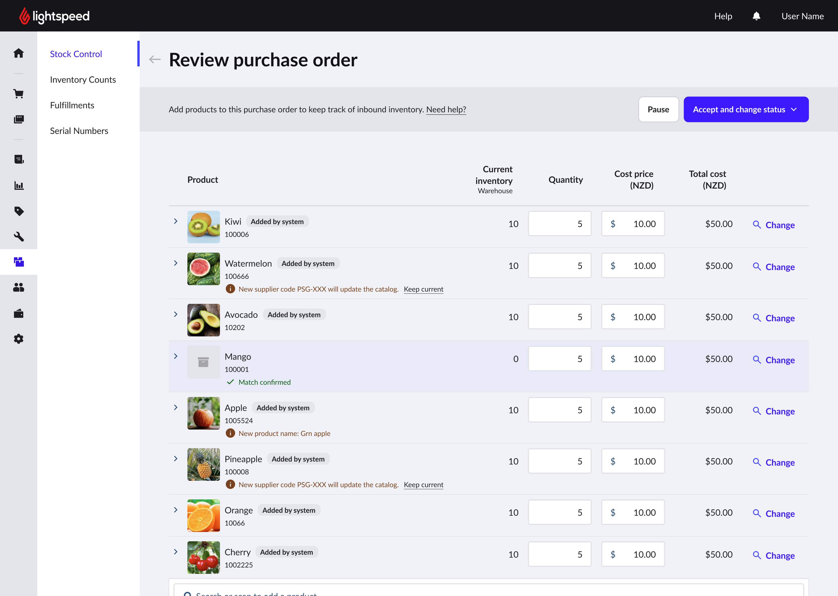 Direction A: review products inside the Purchase Order